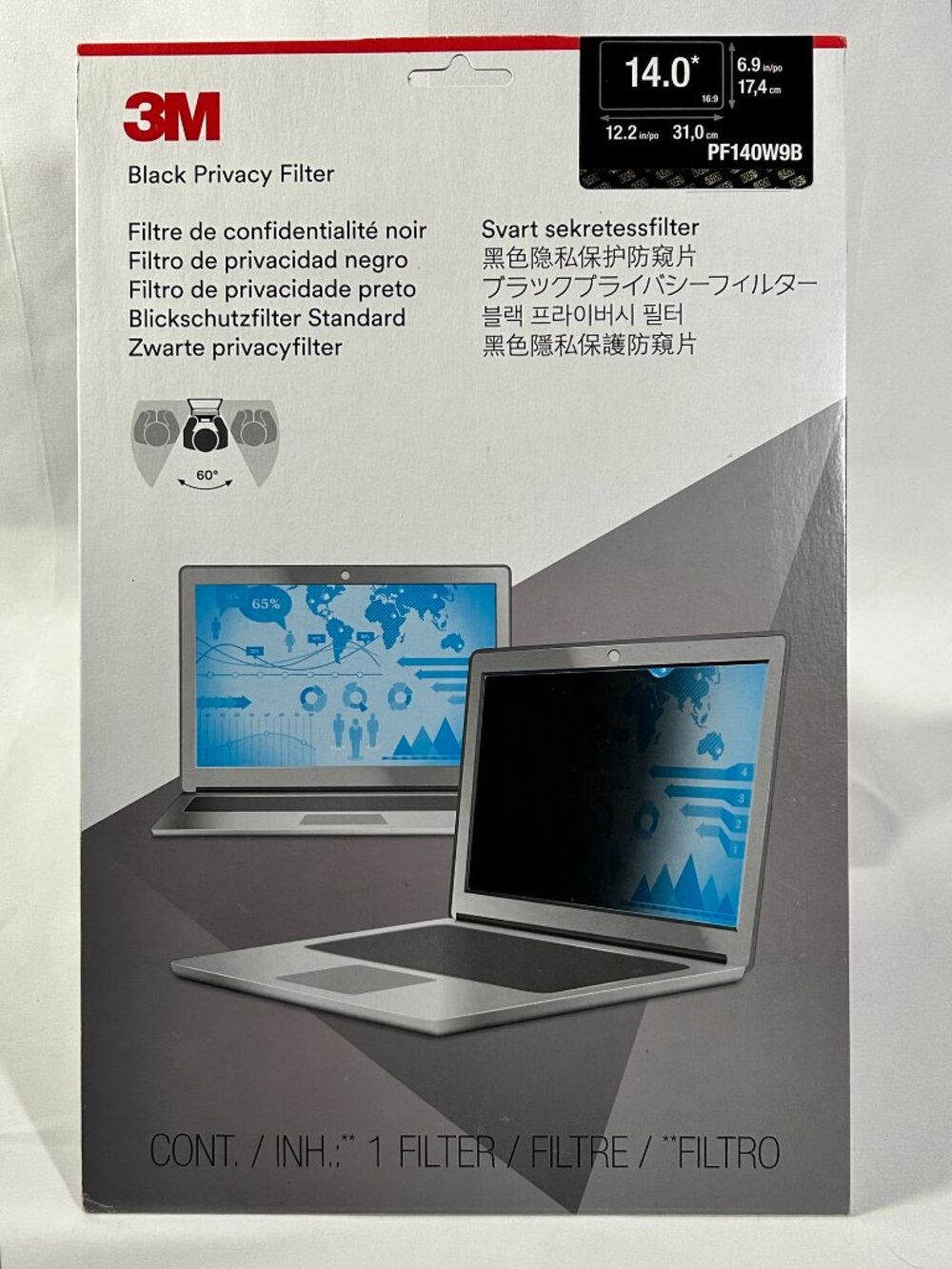 3M Laptop Privacy Filter 14" Widescreen 16:9 Black Anti-Glare SEALED (PF140W9B)
